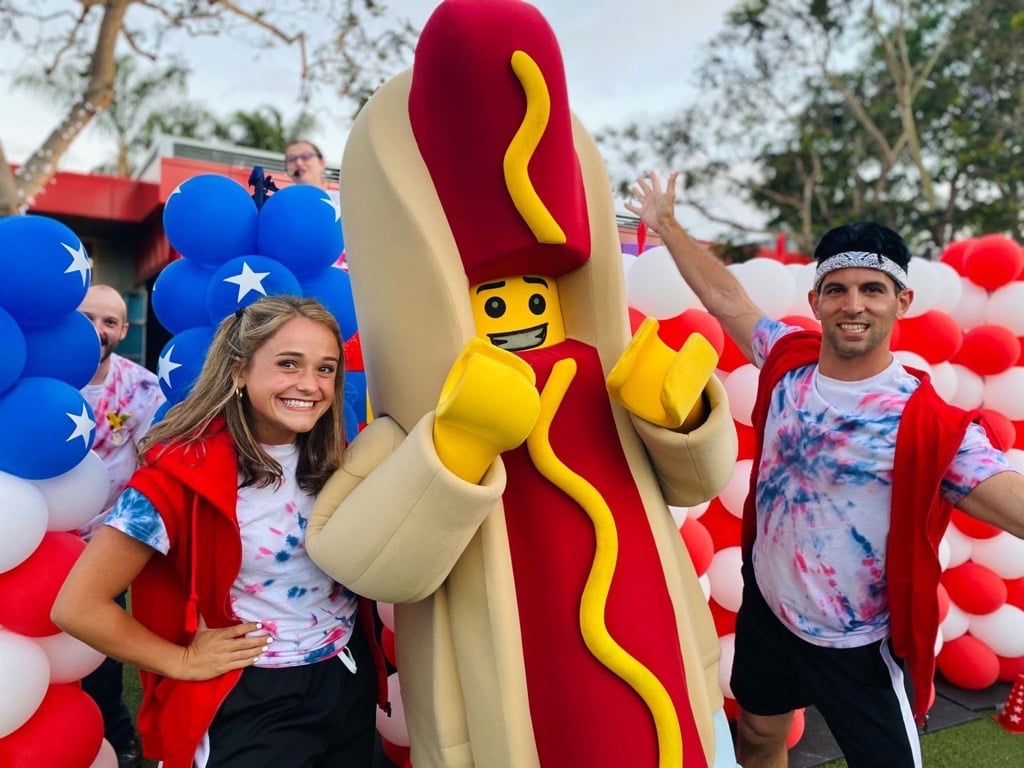 Fourth of July event in San Diego featuring Legoland’s Red, White & Boom! celebration featuring a lego mascot dressed as a hot dog