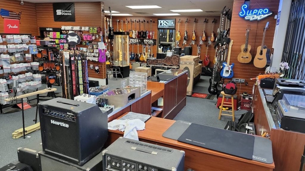 Interior of Top 40 Guitars shop in Santee