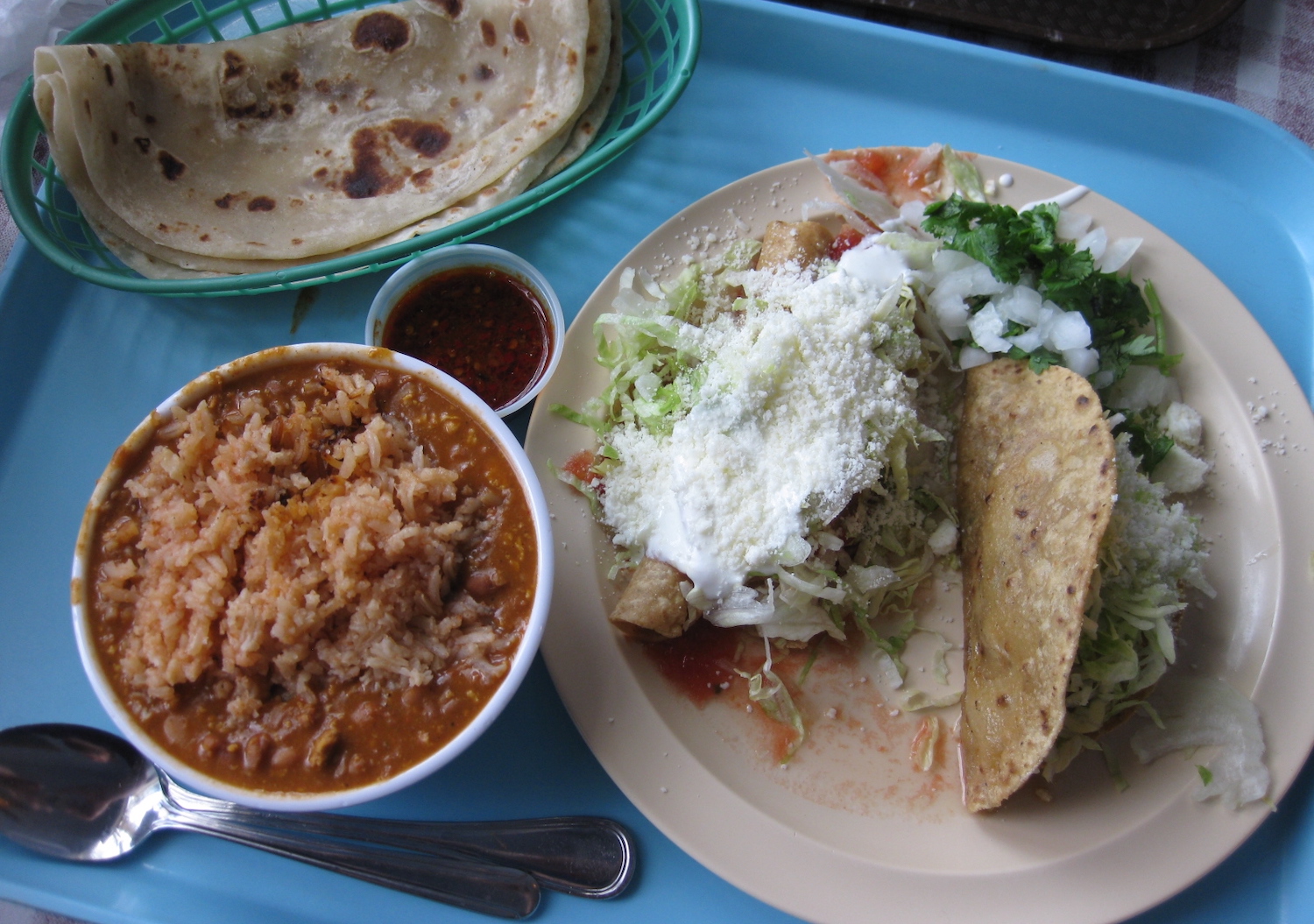 Plate of food from San Diego Mexican restaurant and taco shop Los Cuatros Milpas in Barrio Logan