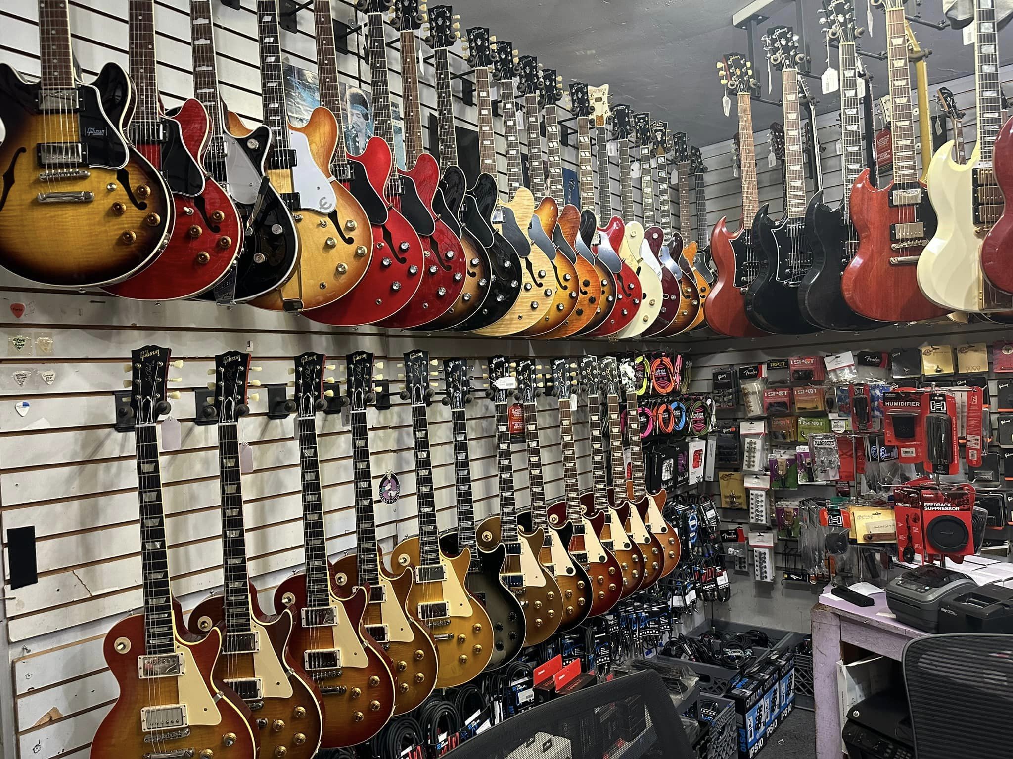 Interior of San Diego music shop Mark's Guitar Exchange in the Midway District