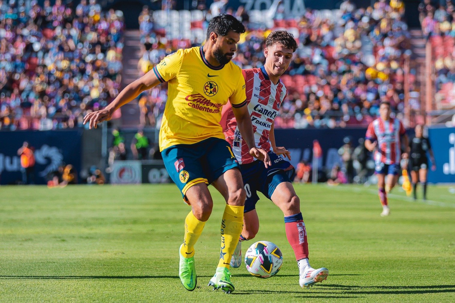 Soccer players on Club América futbol team playing in the MLS Leagues Cup happen at San Diego's Snapdragon Stadium