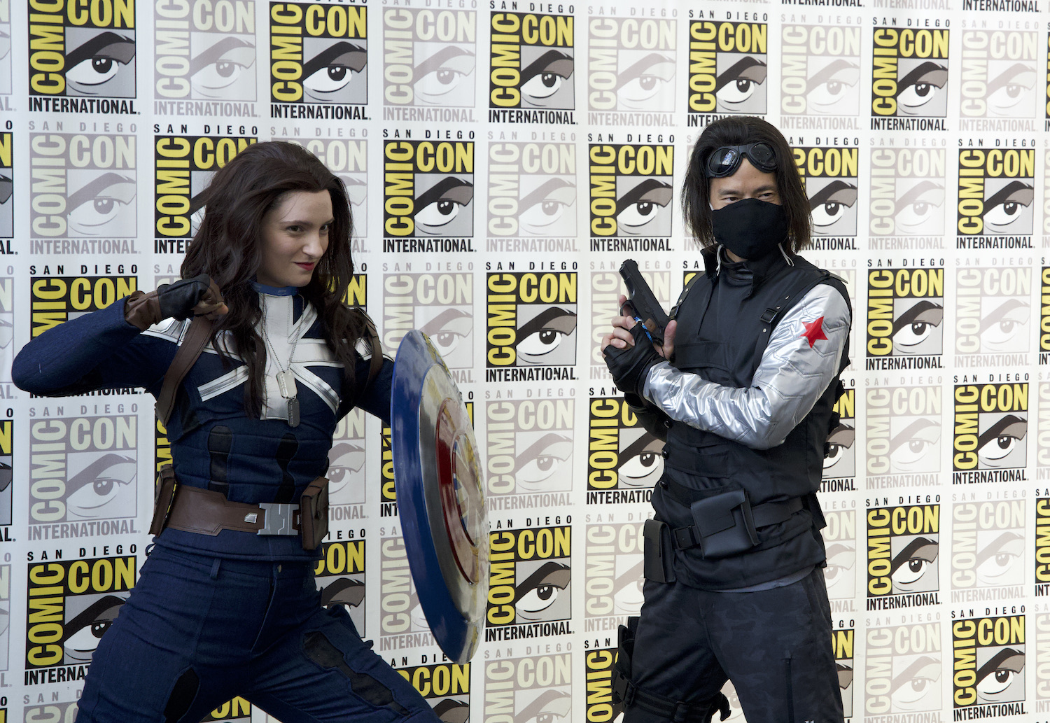 San Diego Comic-Con 2024 featuring two cosplayers at the Convention Center dressed as Captain America and the Winter Soldier