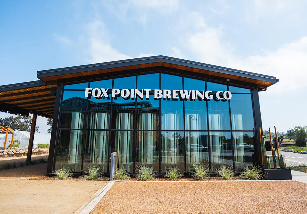 Exterior of new San Diego brewery Fox Point Brewing Company opening at Fox Point Farms in Encinitas