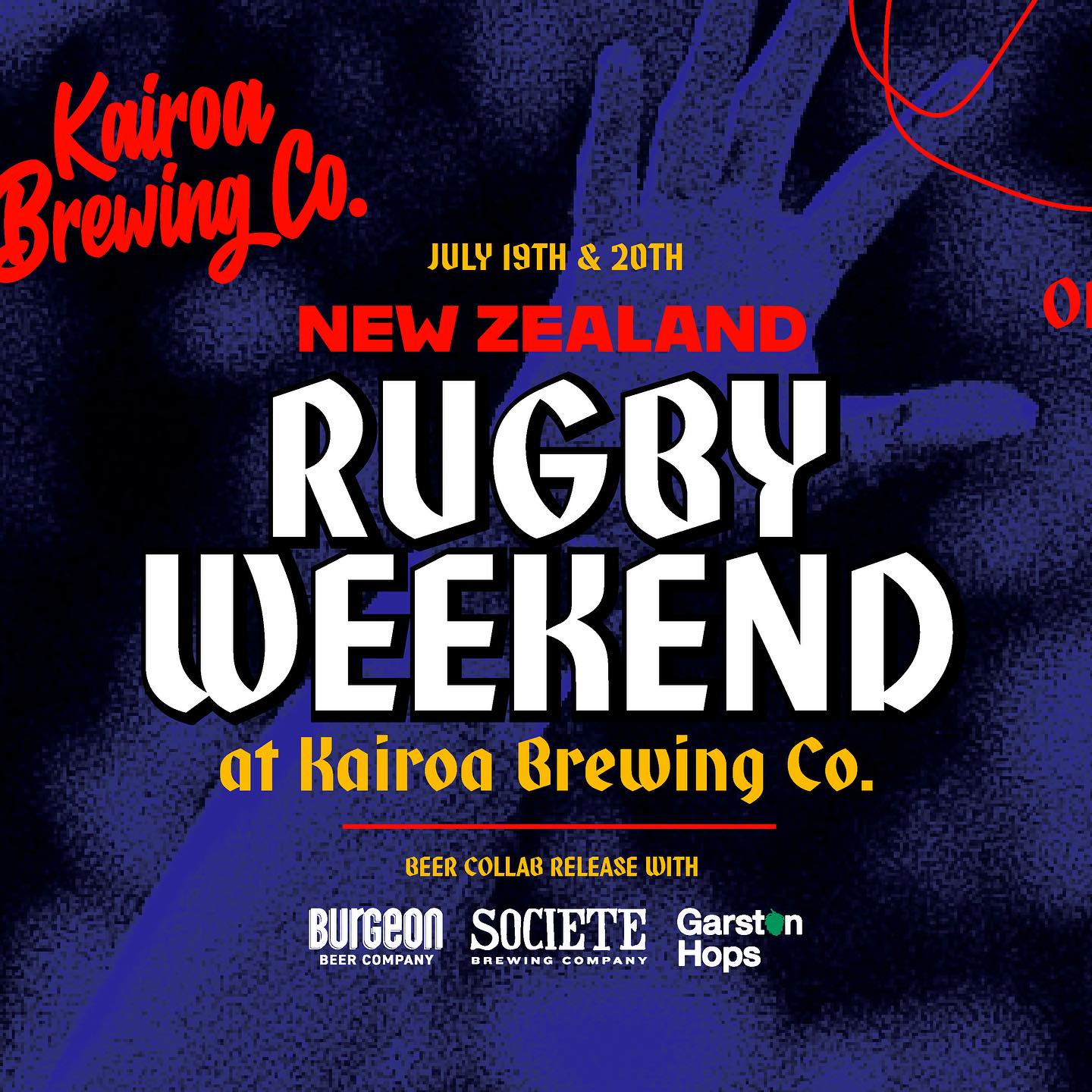 San Diego brewery Kairoa Brewing Company's flyer for New Zealand Rugby Weekend featuring collaborations with Burgeon Beer Company, Society Brewing,a nd Graston Hops