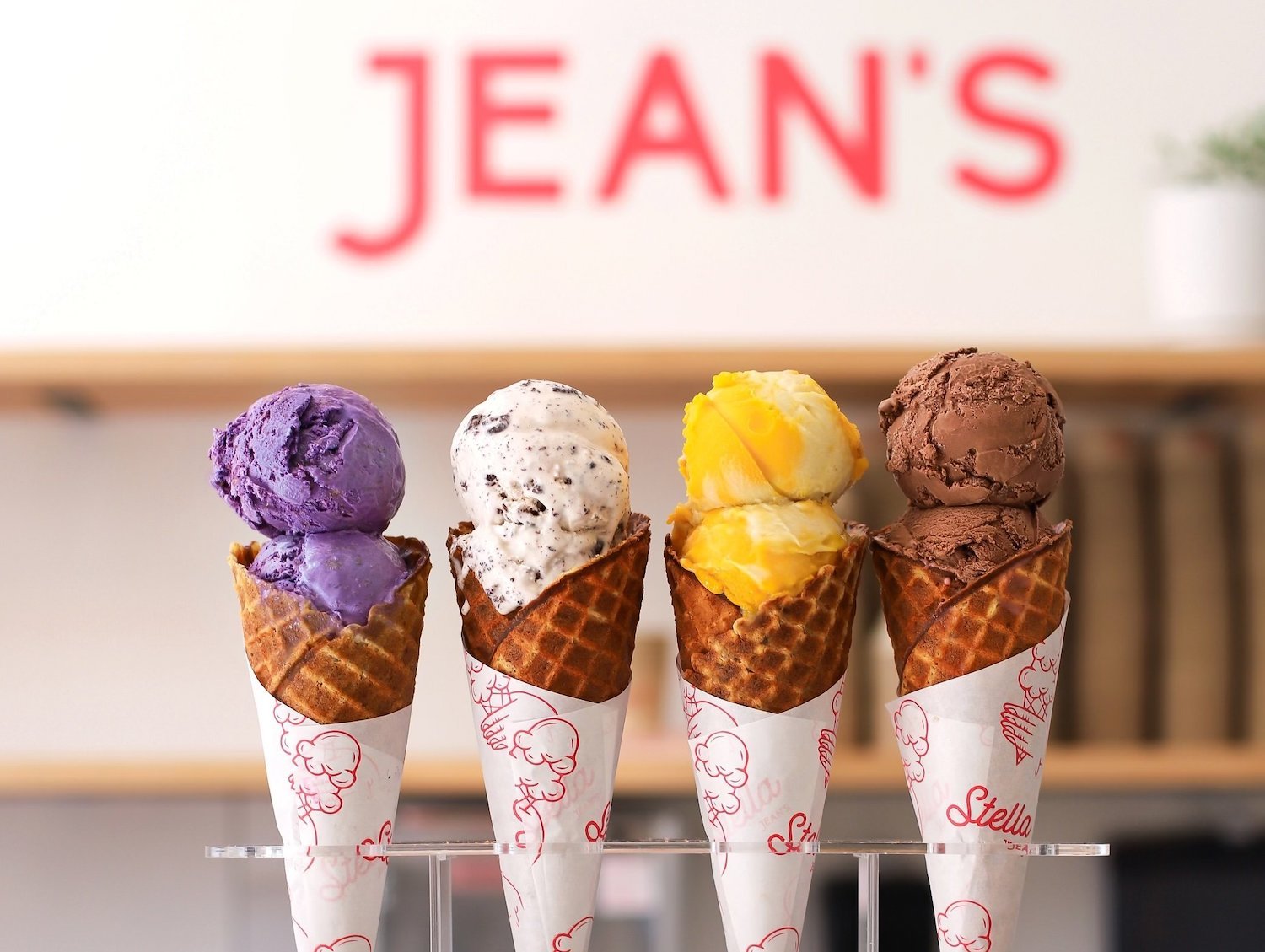 San Diego ice cream shop Stella Jean's featuring four unique flavors of ice cream in cones