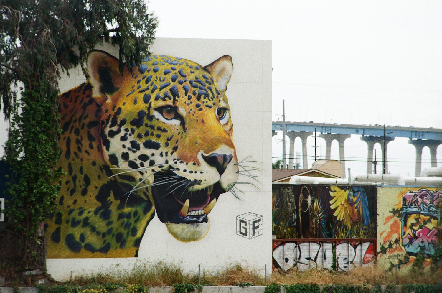 A street art mural by a San Diego artist in Barrio Logan with the Coronado Bridge in the background