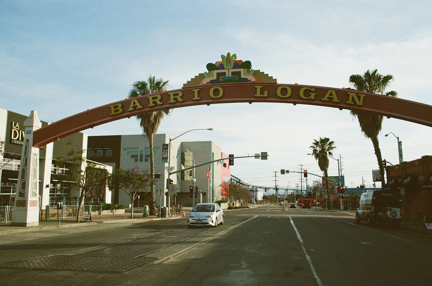 San Diego neighborhood Barrio Logan featuring the city sign on Cesar Chavez Parkway