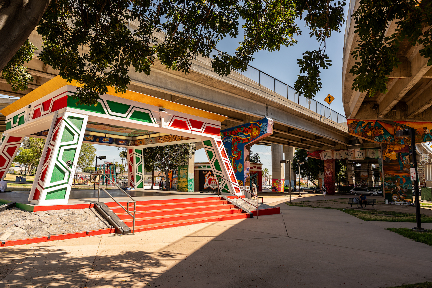 San Diego historical landmark Chicano Park in Barrio Logan featuring a playground and colorful Latino murals