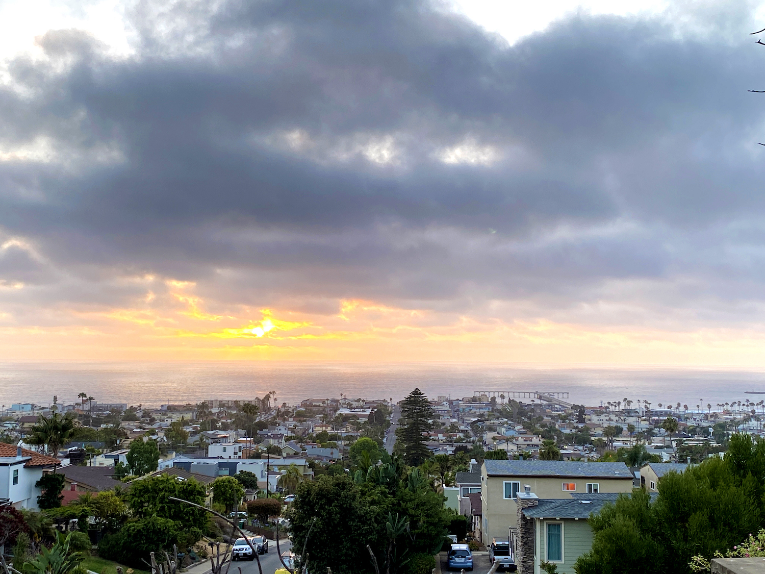 View of Ocean Beach, San Diego housing and neigborhood at Sunset