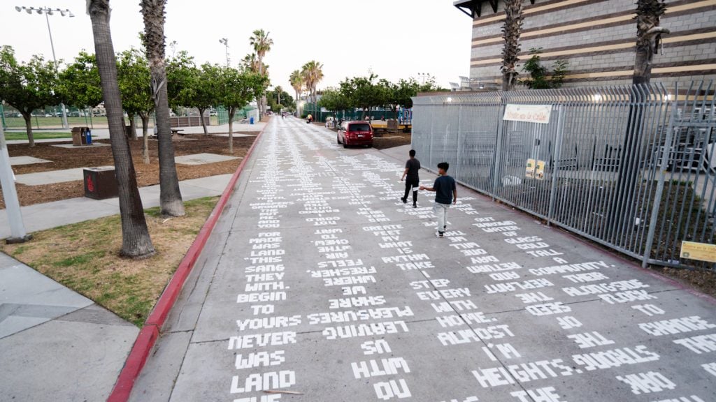 Aerial view of the City Heights street mural titled Memoria Terra developed by local artist Shinpei Takeda, AjA Project, and Back Alley Poetry Club