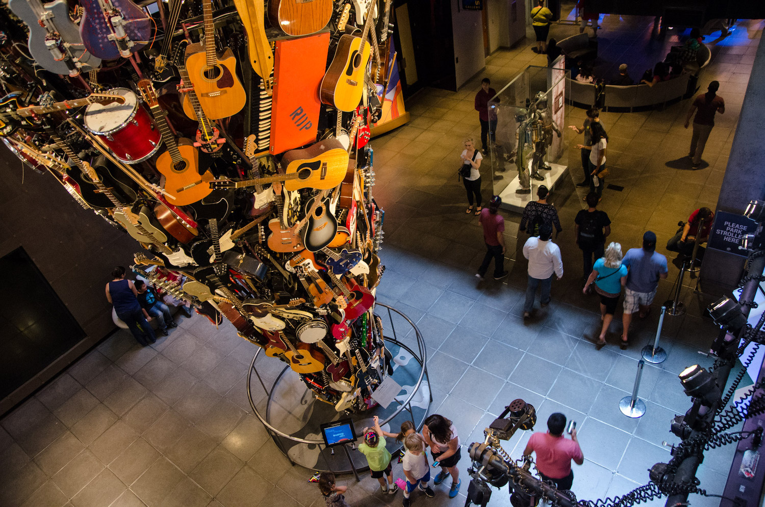 Interior of the Museum of Pop Culture in Seattle, Washington featuring a sculpture of guitars a popular destination for families traveling with kids