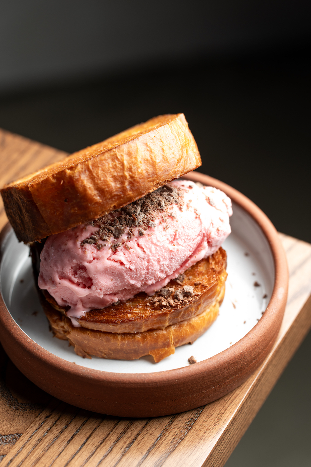 Ice cream sandwich with brown butter toast and a scoop of Chino Farm's new Aisu dairy, served at San Diego restaurant Cellar Hand in Hillcrest