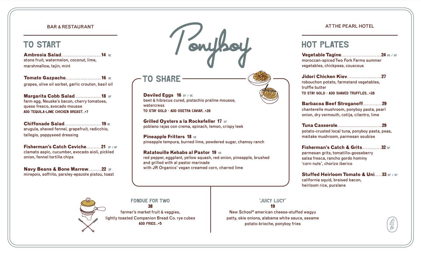 New San Diego restaurant Ponyboy's menu opening at The Pearl Hotel in Point Loma