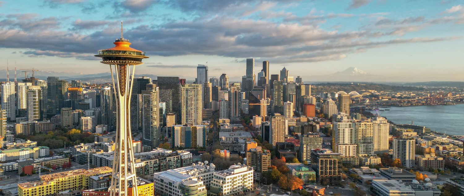 Aerial view of the city of Seattle, Washington and the Space Needle, a popular destination for families traveling with kids 