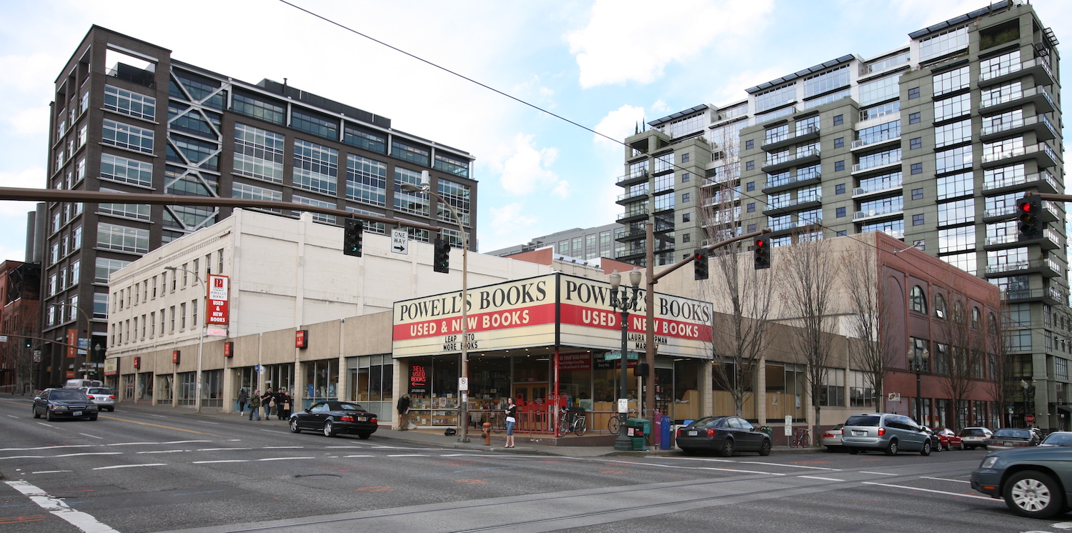 Exterior of Powell's Books a popular independent bookstore in Portland, Oregon and a popular destination for families with kids