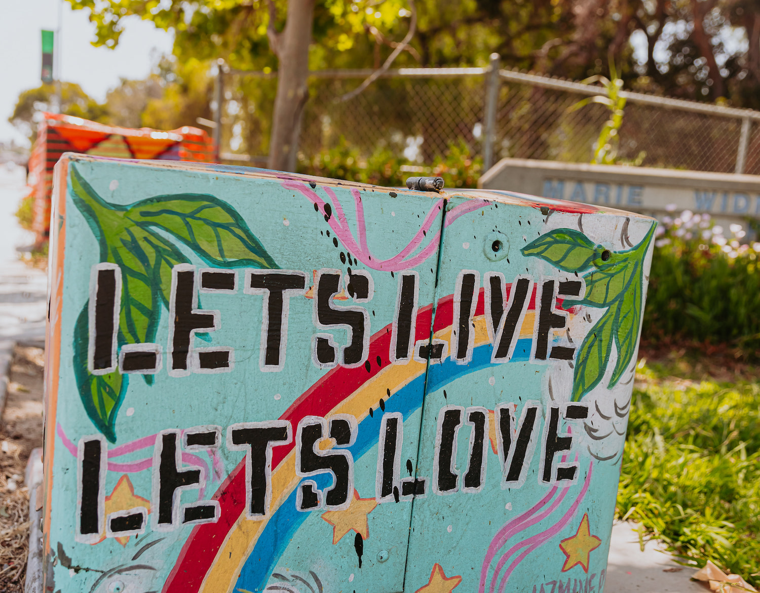 Utility box art mural in Encanto, San Diego with the text "Let's Live, Let's Love"