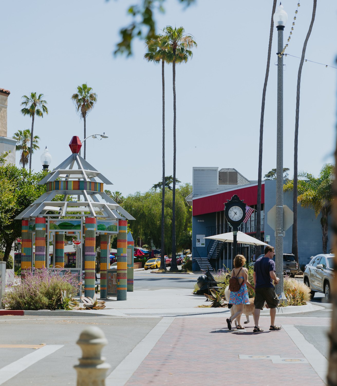 People walking their dogs are seen in downtown La Mesa in San Diego.