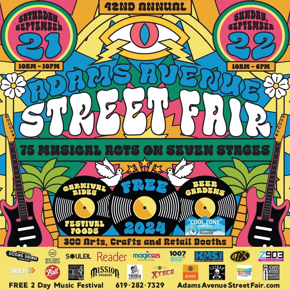 Things to do in San Diego this weekend September 19-22, 2024 featuring a poster for Adams Avenue Street Fair event in Normal Heights 