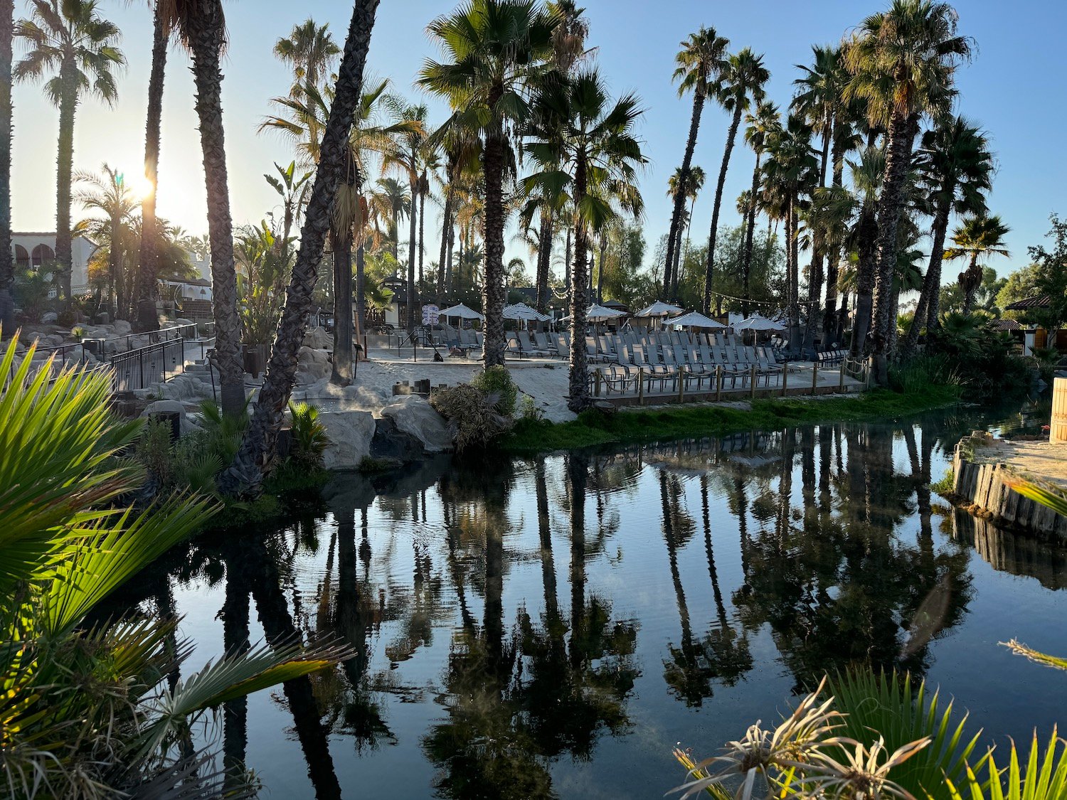 Exterior of the renovated Murrieta Hot Springs Resort in San Diego featuring lounge seating