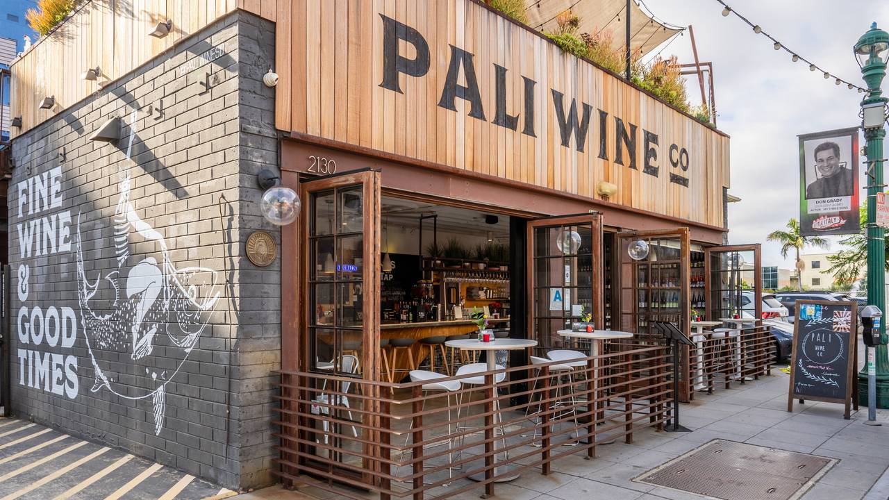 Best wine bars in San Diego featuring the exterior of Pali Wine Co. in Little Italy