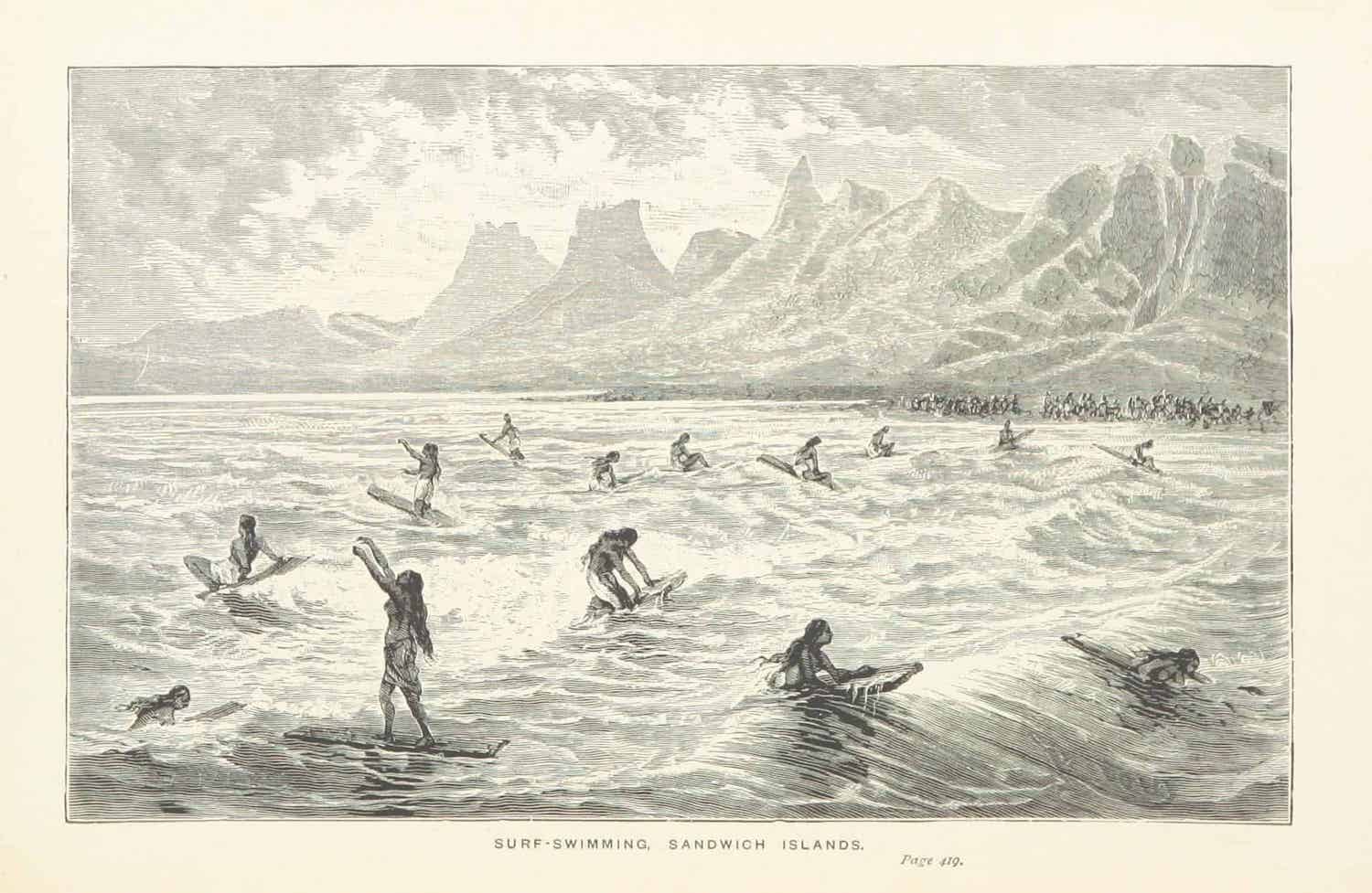 A historical illustration of  17th century in Hawaii an surfers including women like Kelea of Maui