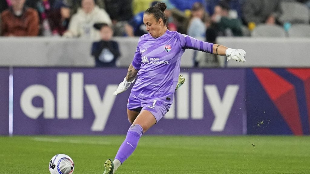 San Diego Wave FC goalie Sheridan kicking a soccer ball during the 2024 NWLS season at Snapdragon Stadium