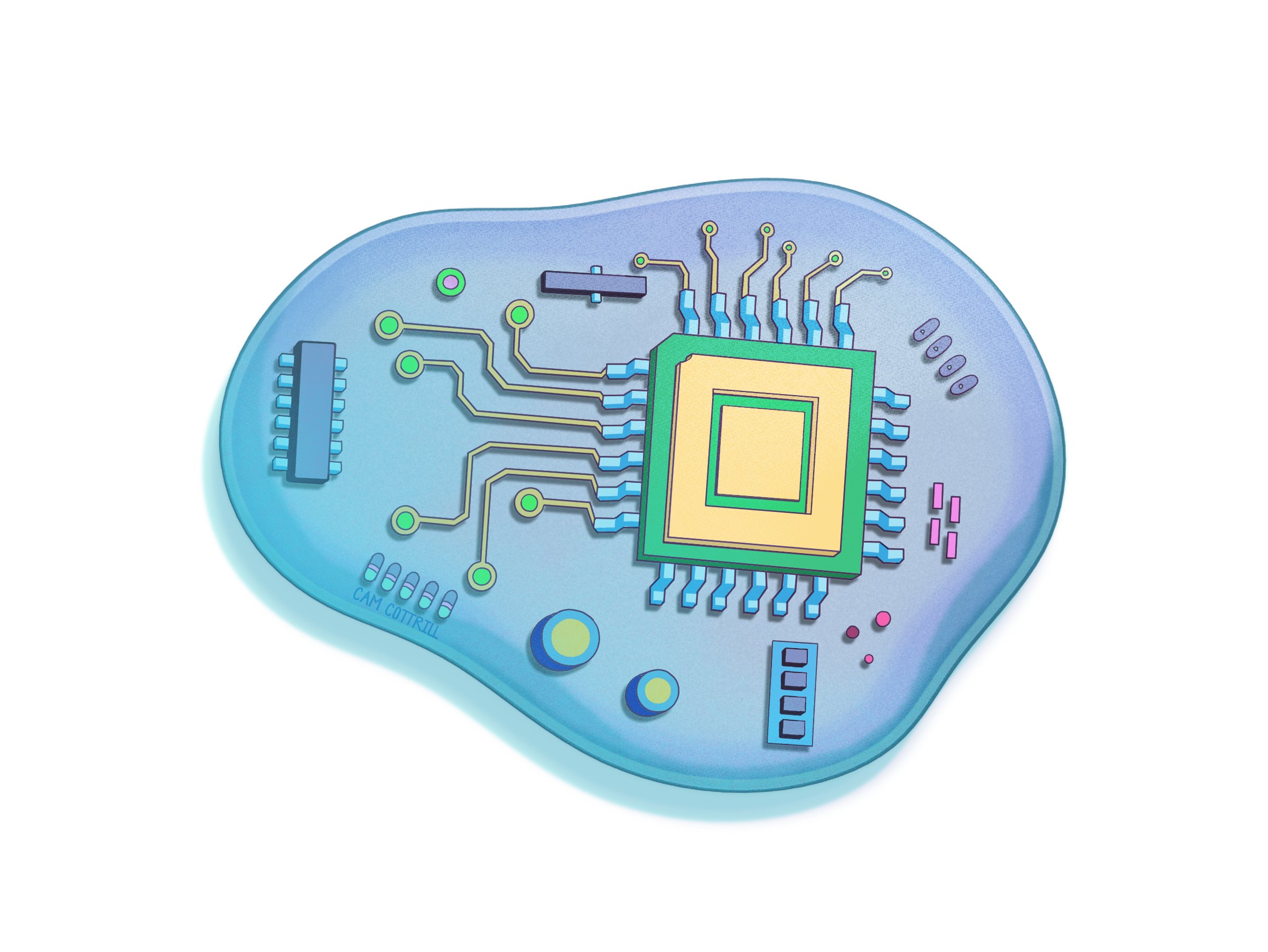 Illustration of Artificial Intelligence in healthcare of a cell with motherboard parts and circuits inside by artist Cam Cottrill