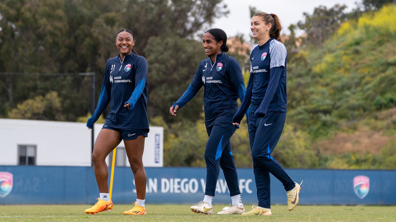 San Diego Wave FC soccer players Alex Morgan, Jaedyn Shaw, and Naomi Gimra practicing during the 2024 NWLS season 