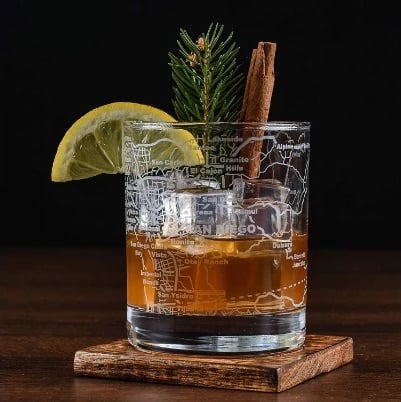 San Diego gifts to buy this holiday season featuring San Diego Etched Whiskey Glasses from Apollo Emporium