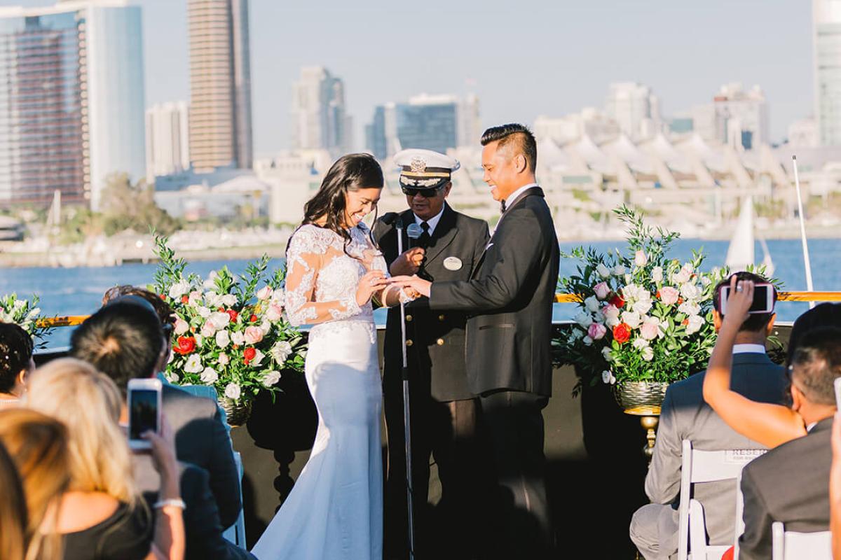 Flagship Cruise wedding ceremony in front of downtown