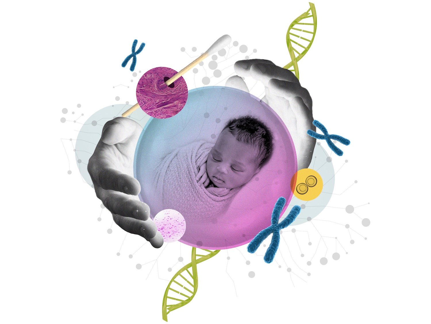 A collage illustration of a newborn baby in a crystal ball to represent San Diego Company Fore Genomics which provides health screenings to predict the health of children