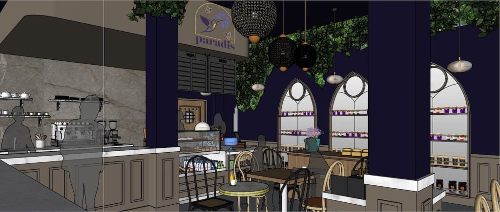 Interior rendering of  new coffee shop and cafe called Paradis opening at the new Sasan building in Mission Hills, San Diego