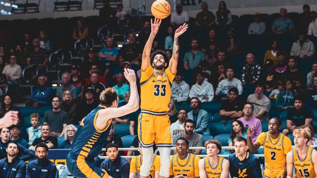 UC San Diego basketball player shooting a basket in the Big West's Division 1