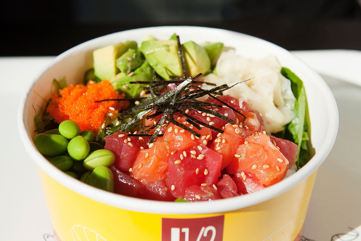 Salmon and tuna poke bowl from San DIego restaurant Poki One 'N Half