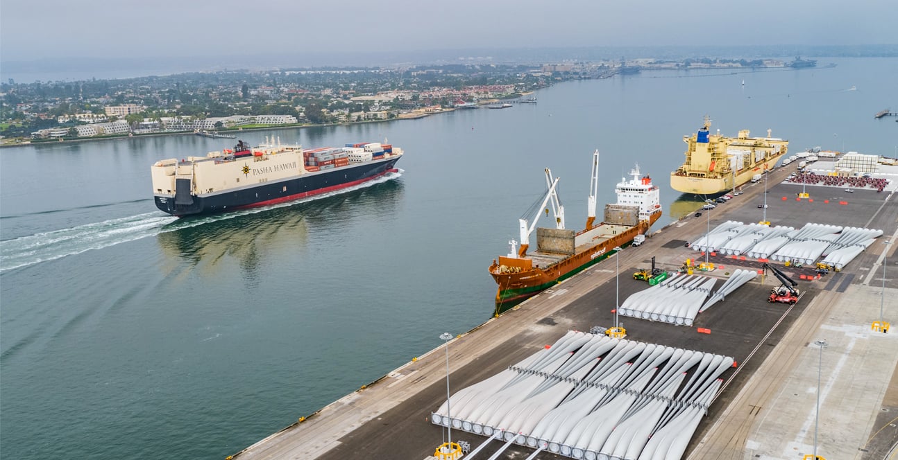 Aerial view of the port of San Diego which will be affected by President Trump's tariffs 