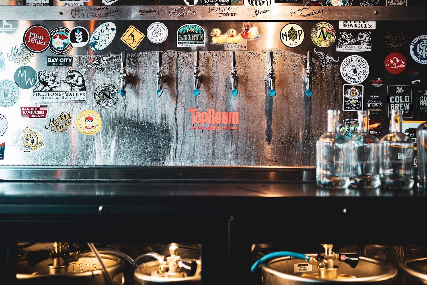 Set of beer taps featuring local San Diego breweries 