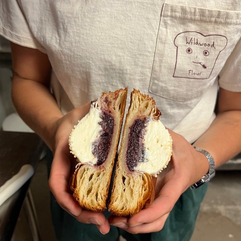 Experimental bagel featuring purple potato bagel from Wildwood Flour Bakery in Pacific Beach