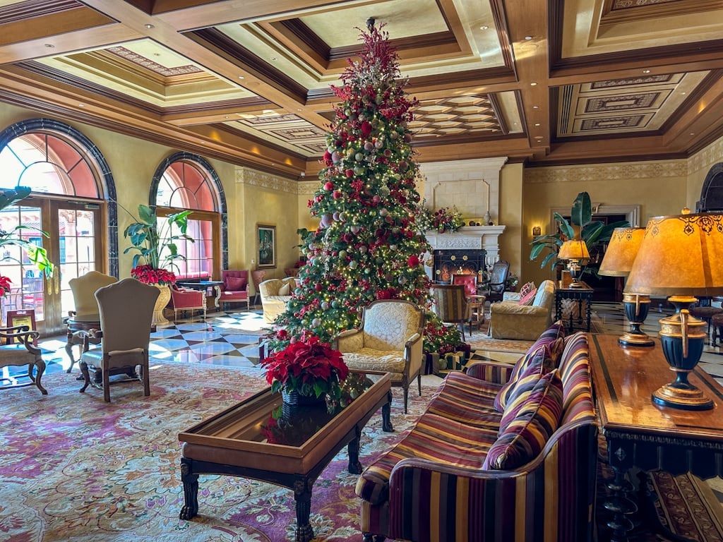 Interior of San Diego hotel Fairmont Grand Del Mar hosting a Christmas dinner buffet 