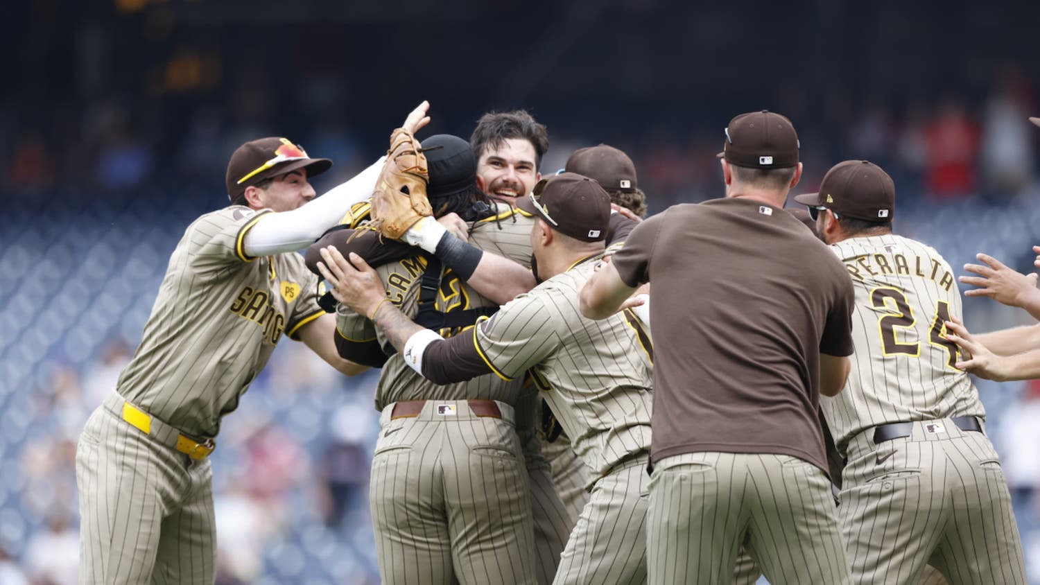 San Diego Padres pitcher Dylan Cease celebrating his no-hitter during the 2024 season