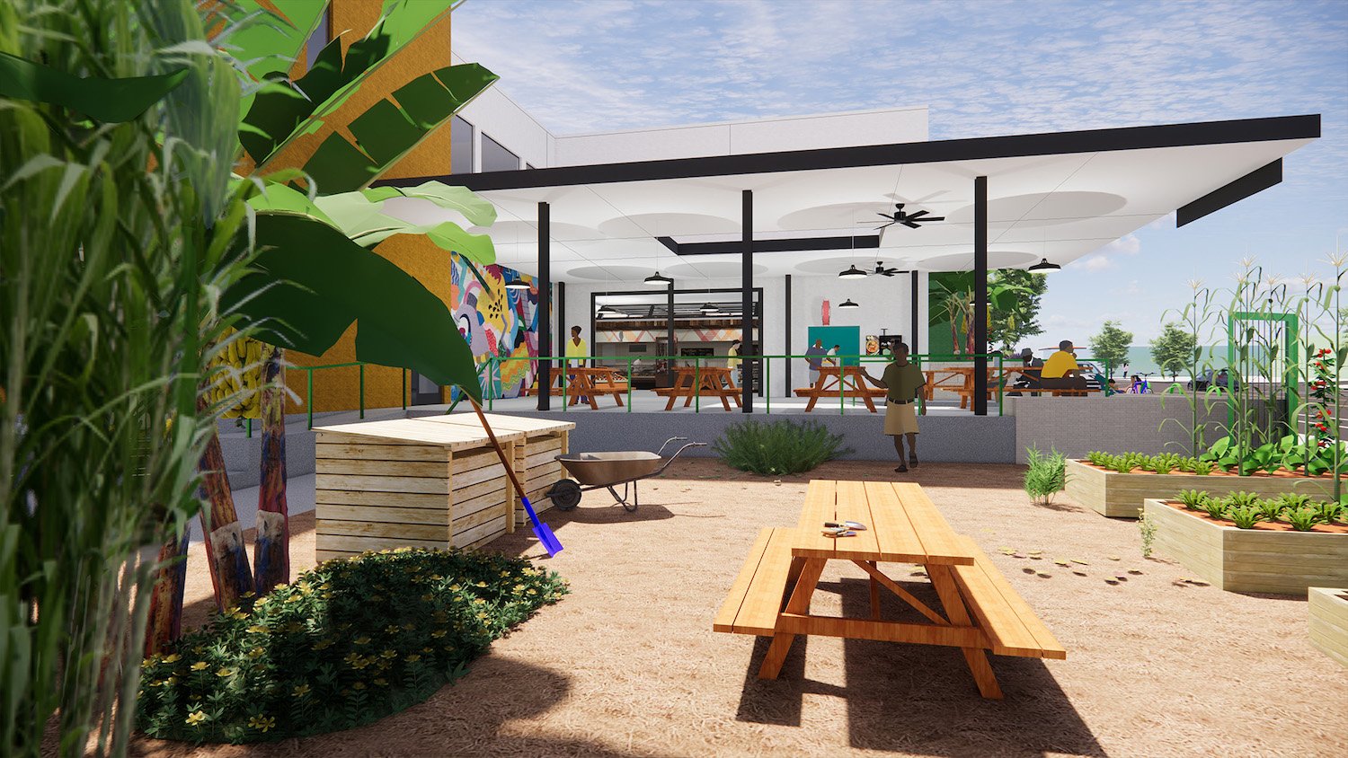 Rendering of San Diego nonprofit Project New Village's The Village commercial kitchen and food hub in Mount Hope