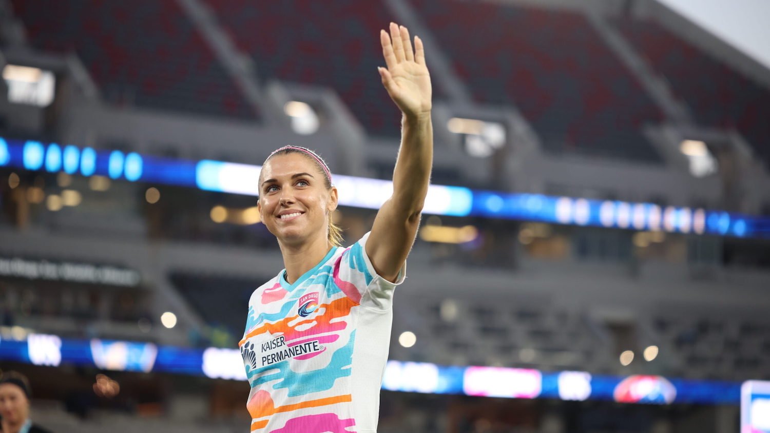 San Diego sports legend Alex Morgan waving goodbye during her last game on the San Diego Wave NWSL team