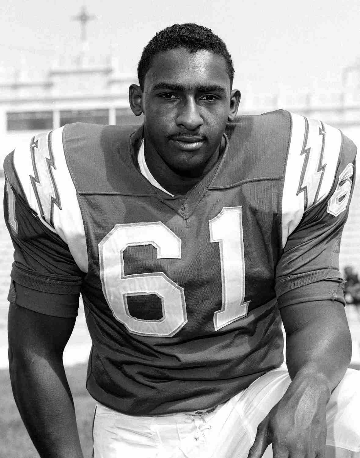 NFL player and painter Ernie Barnes wearing his San Diego Chargers uniform