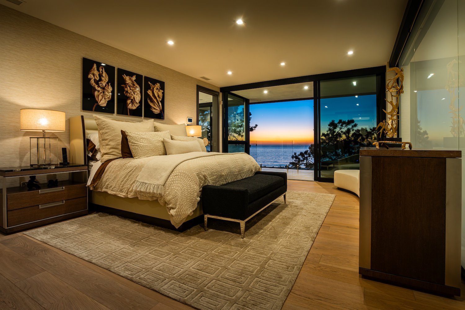 Interior of luxurious San Diego home in Del Mar featuring a master bedroom with ocean views