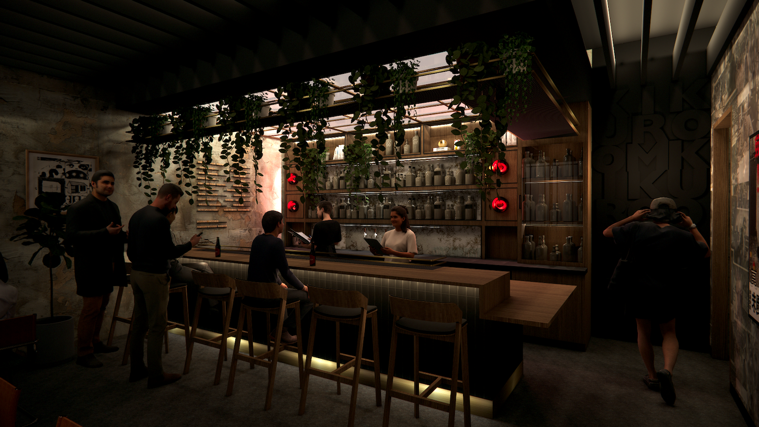 Interior rendering of new listening bar in Little Italy, San Diego called Kiku Room