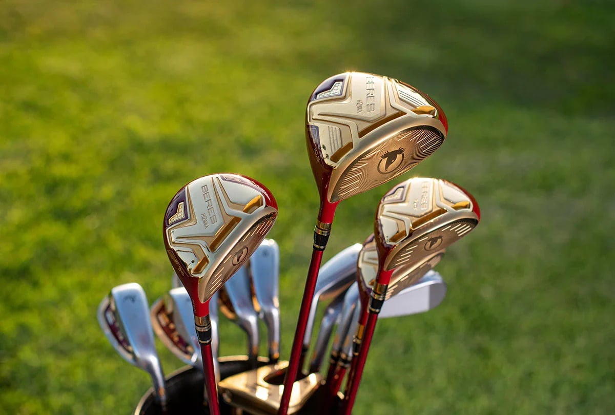 Gold golf clubs from San Diego golf brand Honma Golf located in Carlsbad