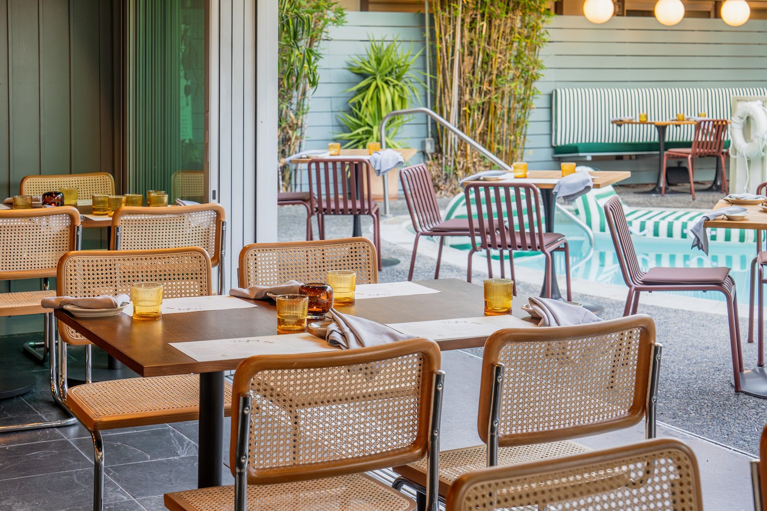 Exterior dining patio at San Diego restaurant Ponyboy at The Pearl Hotel in Point Loma