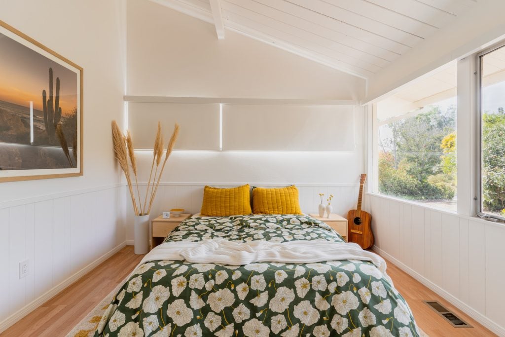 Interior of San Diego designer Raili Clasen's home and bedroom known for her work at Kelly Slater's Surf Ranch 