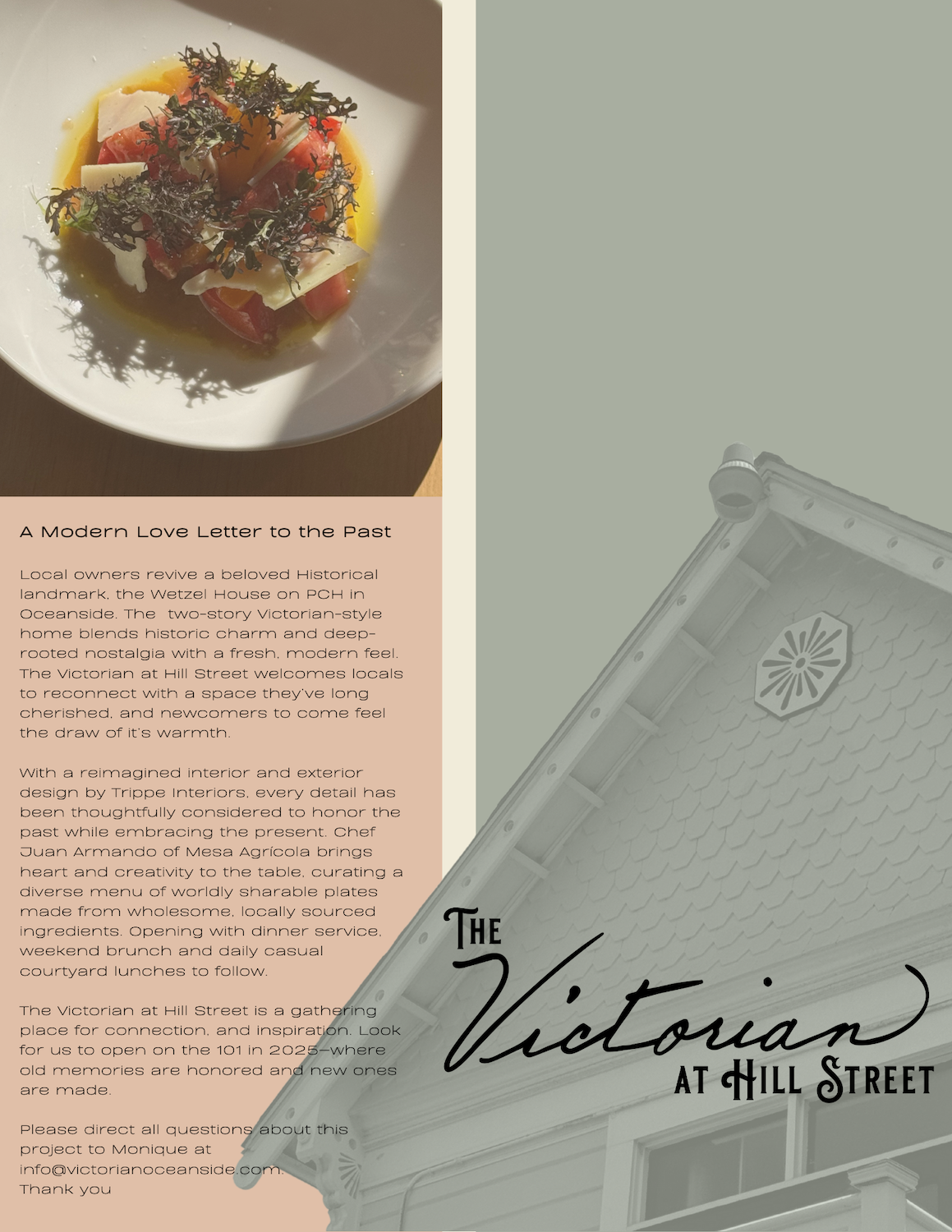 Brochure for new San Diego restaurant The Victorian at Hill Street in Oceanside located at the historic Wetzel House