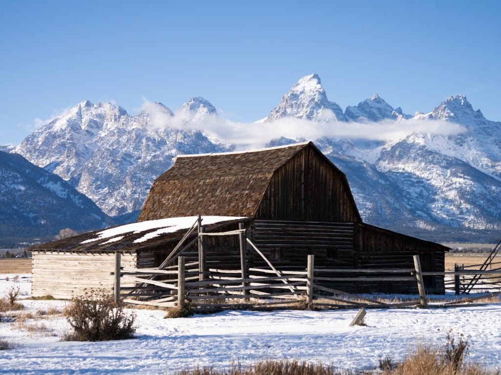 A barn in Jackson Hole, Wyoming's "Mormon Row" during the winter