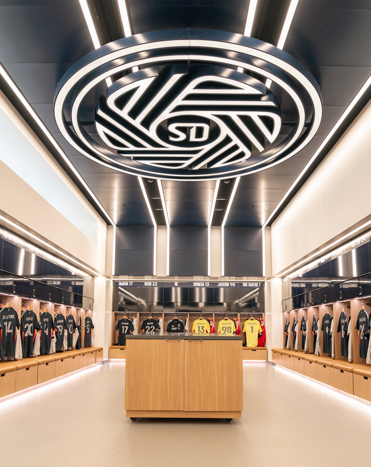 Interior of San Diego FC's new locker room at Snapdragon Stadium